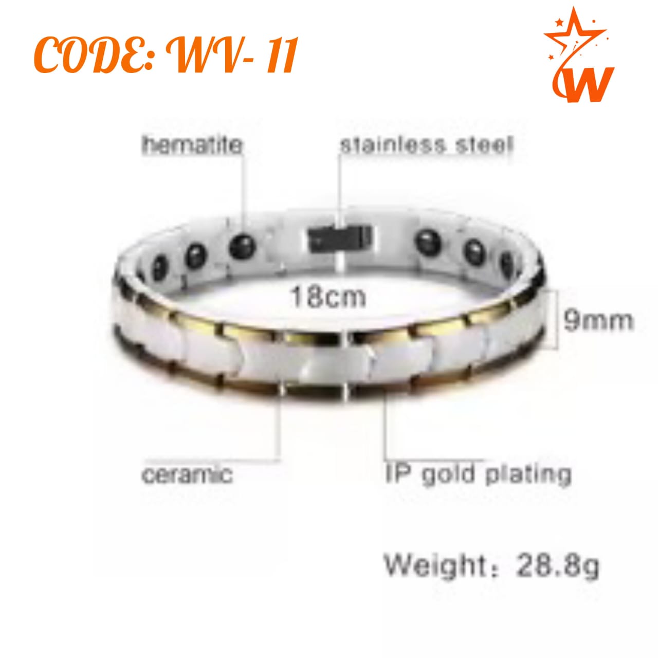 Ceramic Titanium Magnetic Bracelet White with Gold (WV-11) energy bracelet magnetic